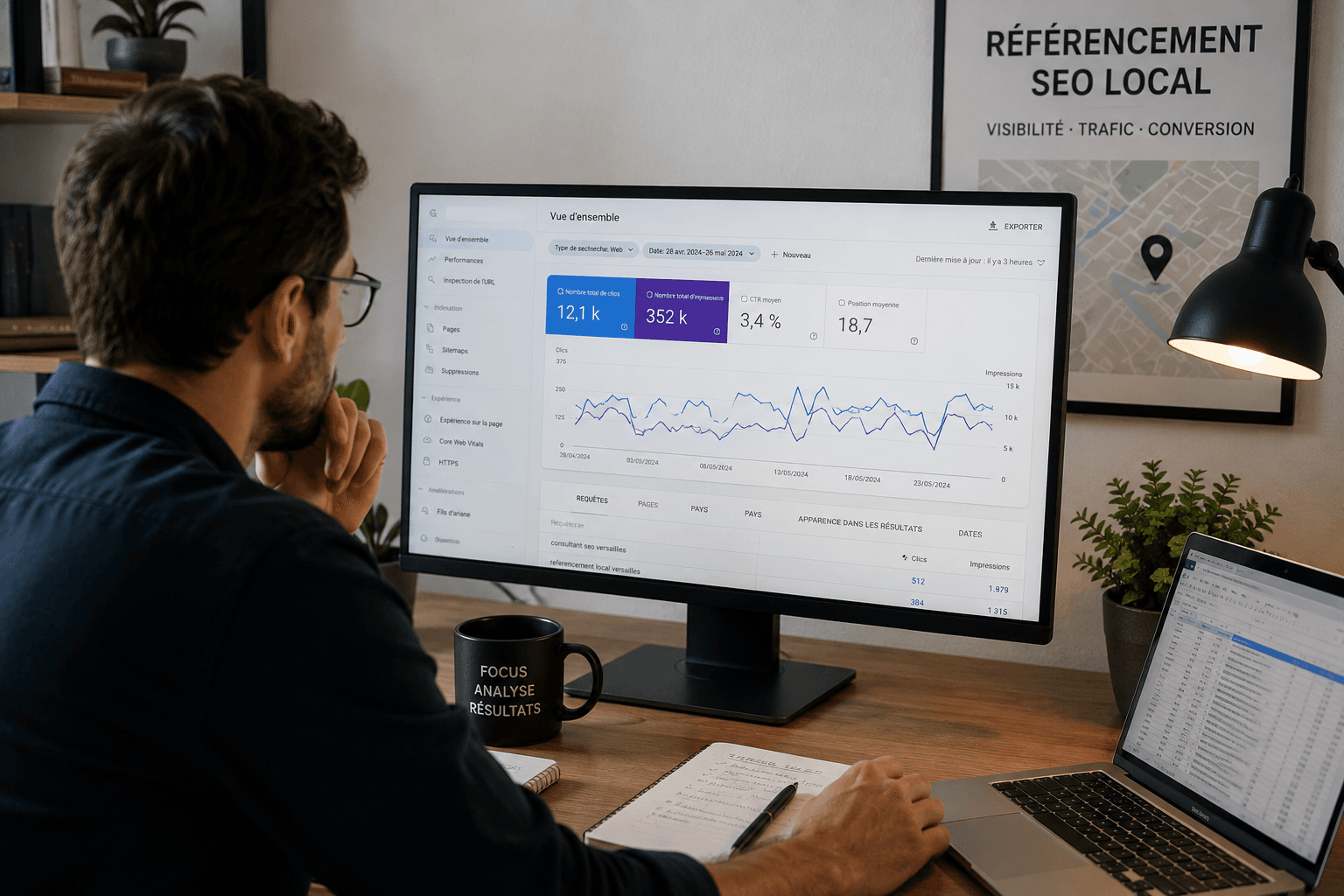Consultant SEO freelance analysant les données de référencement